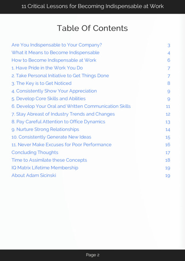 Becoming Indispensable at Work eBook Table of Contents